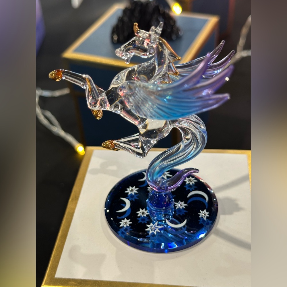 Glass Baron Crystal Pegasus Figurine with Blue and Gold Accents
